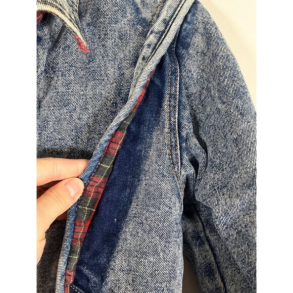 Vintage Acid Wash Denim Jean Bomber Jacket Blue 10 Flannel Plaid 80s Y2K Preppy - Picture 12 of 16